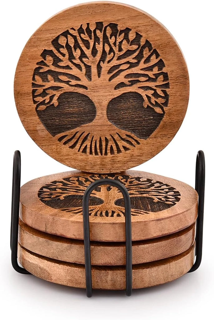 Coasters Set of 4 Handmade Round Wooden Tree of Life Coasters for Drinks with Ir