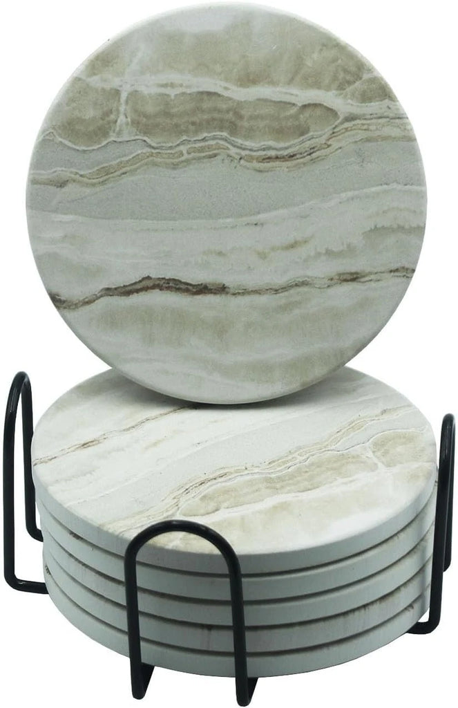 6 PCS Drink Coasters with Holder, 4 Inch Marble Style Ceramic Coaster for Coffee