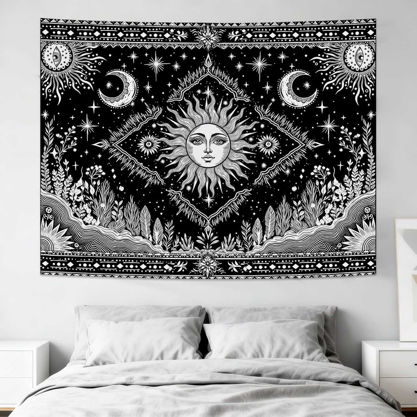 Black and White Sun and Moon Tapestry Hippie Boho Celestial Wall Tapestry for Be