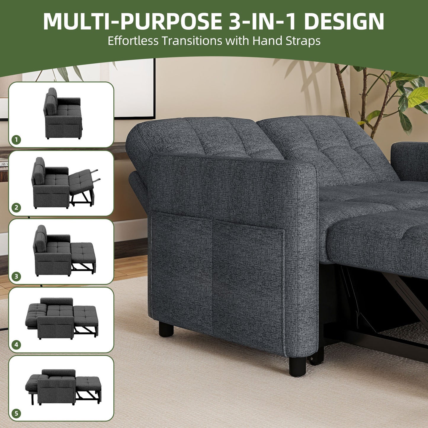 3 in 1 Convertible Sofa Bed 55 inch Sleeper Sofa Linen Loveseat Futon Couch