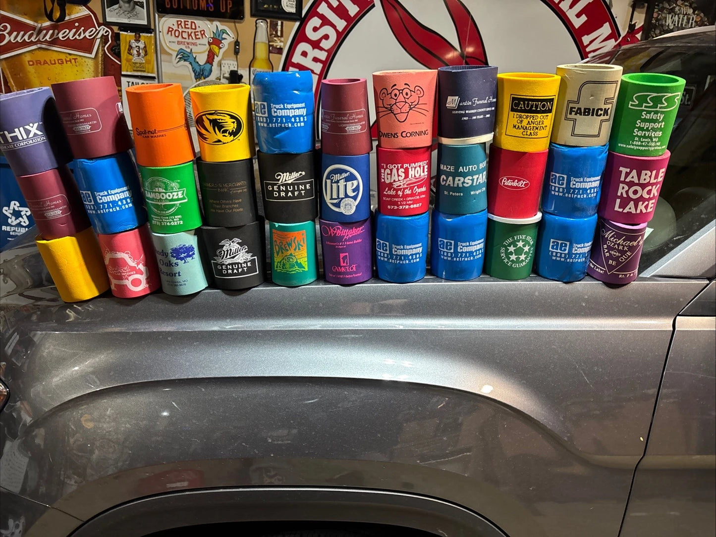 Lot of 33 Foam Can Koozies Insulated Drink Holders Mixed: Funny Vtg Advertising