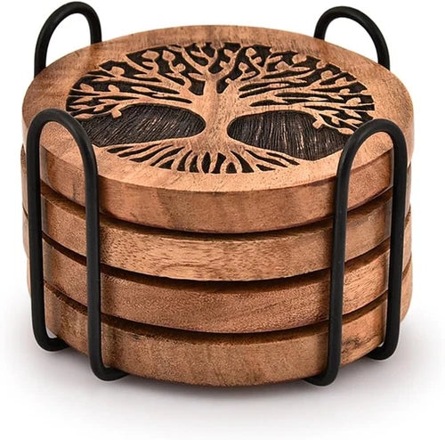 Coasters Set of 4 Handmade Round Wooden Tree of Life Coasters for Drinks with Ir