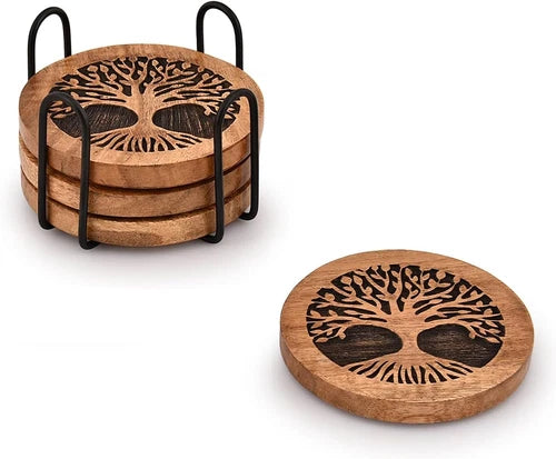 Coasters Set of 4 Handmade Round Wooden Tree of Life Coasters for Drinks with Ir