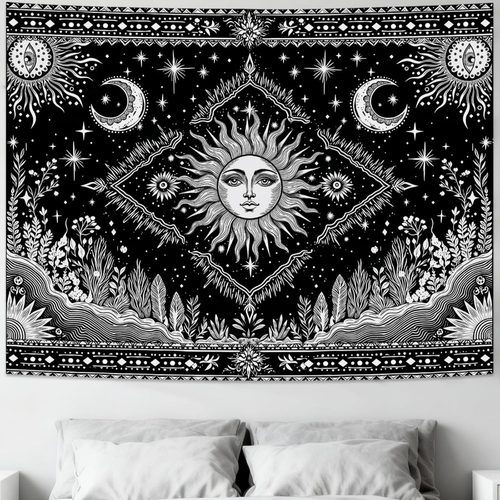 Black and White Sun and Moon Tapestry Hippie Boho Celestial Wall Tapestry for Be