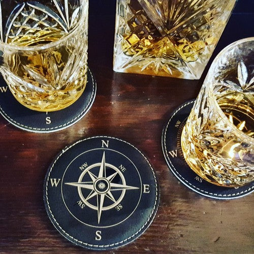 Leather Nautical Compass Coasters Set of 6 w/ Coaster Holder Bar Man Cave Lounge