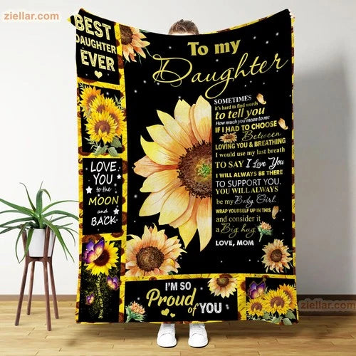 To My Daughter Fleece Blanket, Personalized Sunflower Design, Loving Gift Idea