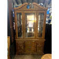 Vintage Wooden China Cabinet With Glass Doors & Drawers For Storage Ornate Carvings And Built-In Lighting