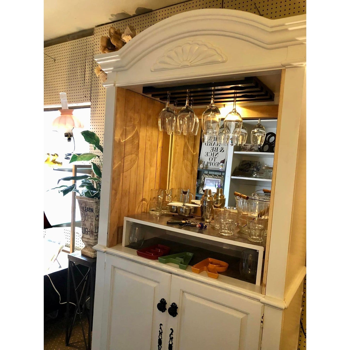 White Wooden Bar Cabinet With Glass Rack & Storage Space
