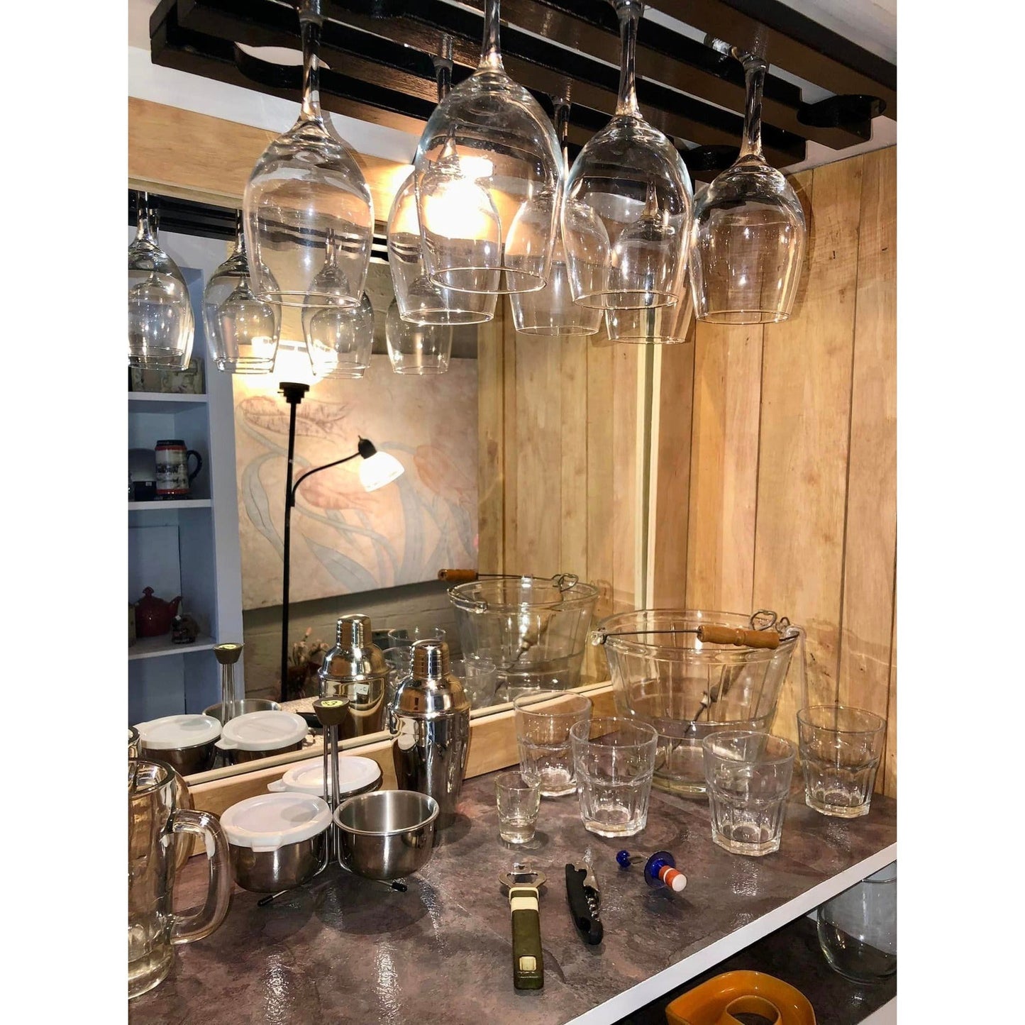 White Wooden Bar Cabinet With Glass Rack & Storage Space