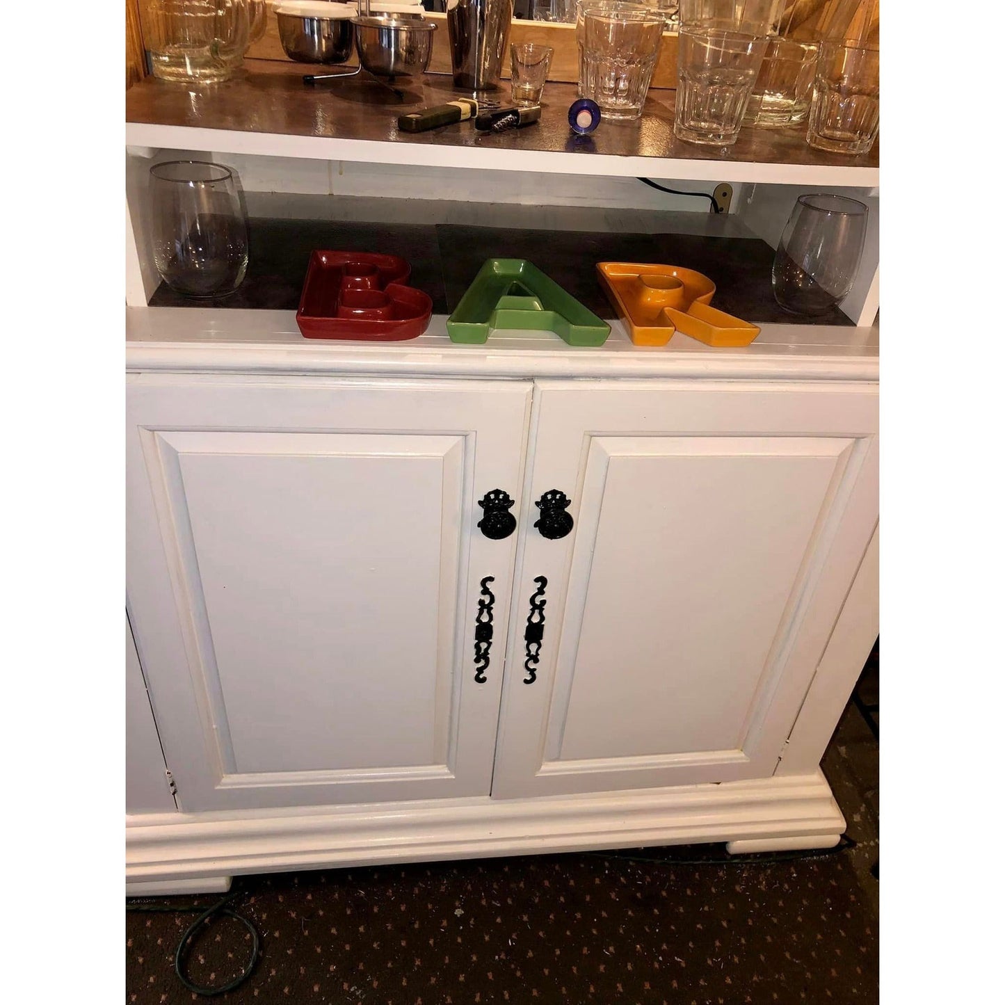 White Wooden Bar Cabinet With Glass Rack & Storage Space