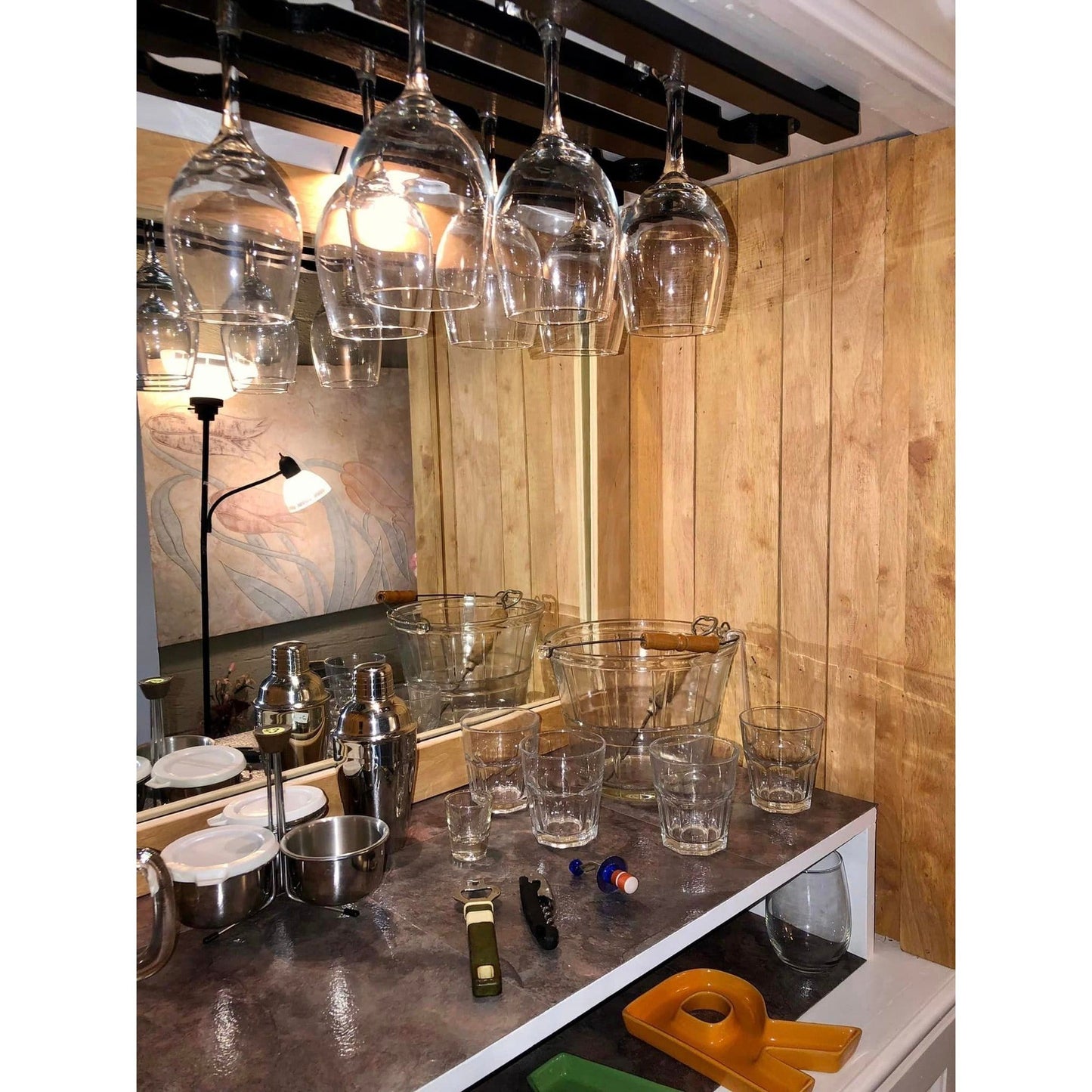 White Wooden Bar Cabinet With Glass Rack & Storage Space