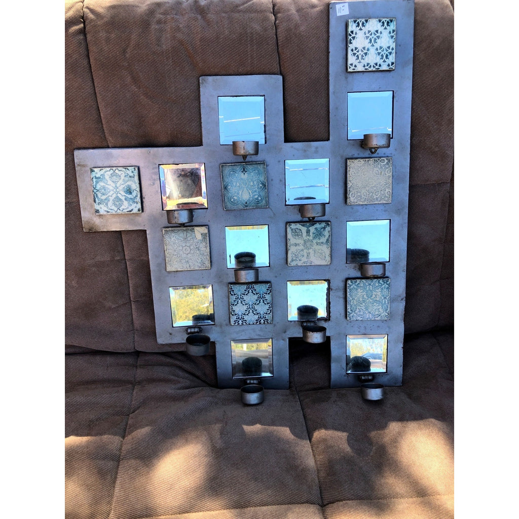 Wall-Mounted Geometric Metal Candle Holder With Mirrors & Patterned Tiles