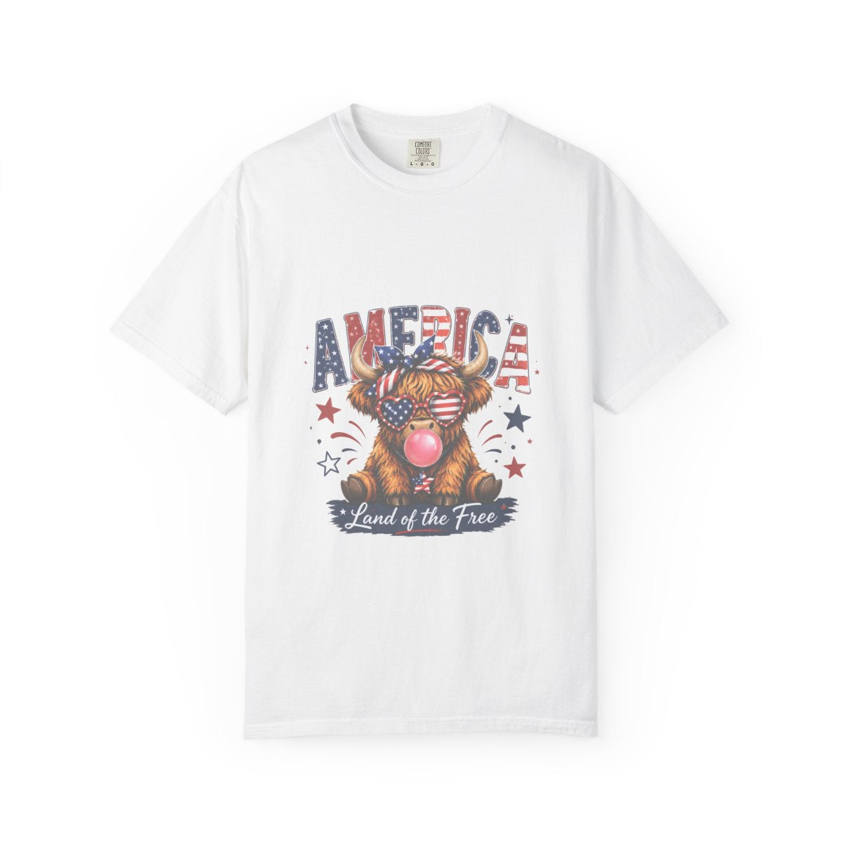 Patriotic Highland Cow Shirt, USA Flag T-Shirt, Land of the Free Tee, 4th of July Gift, Cute Bull Graphic, American Pride Shirt
