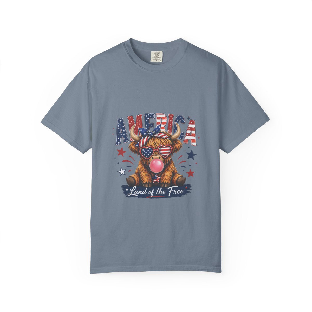 Patriotic Highland Cow Shirt, USA Flag T-Shirt, Land of the Free Tee, 4th of July Gift, Cute Bull Graphic, American Pride Shirt