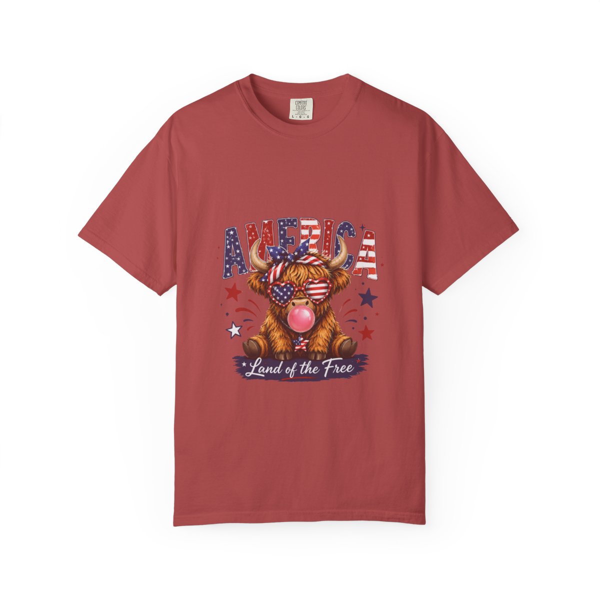 Patriotic Highland Cow Shirt, USA Flag T-Shirt, Land of the Free Tee, 4th of July Gift, Cute Bull Graphic, American Pride Shirt