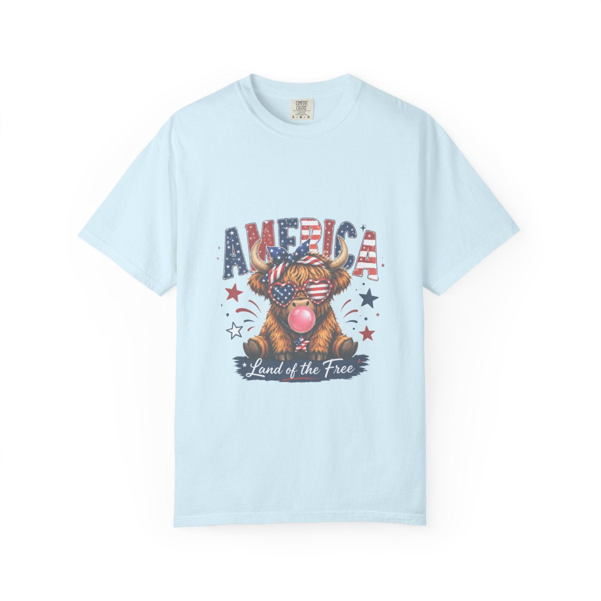 Patriotic Highland Cow Shirt, USA Flag T-Shirt, Land of the Free Tee, 4th of July Gift, Cute Bull Graphic, American Pride Shirt