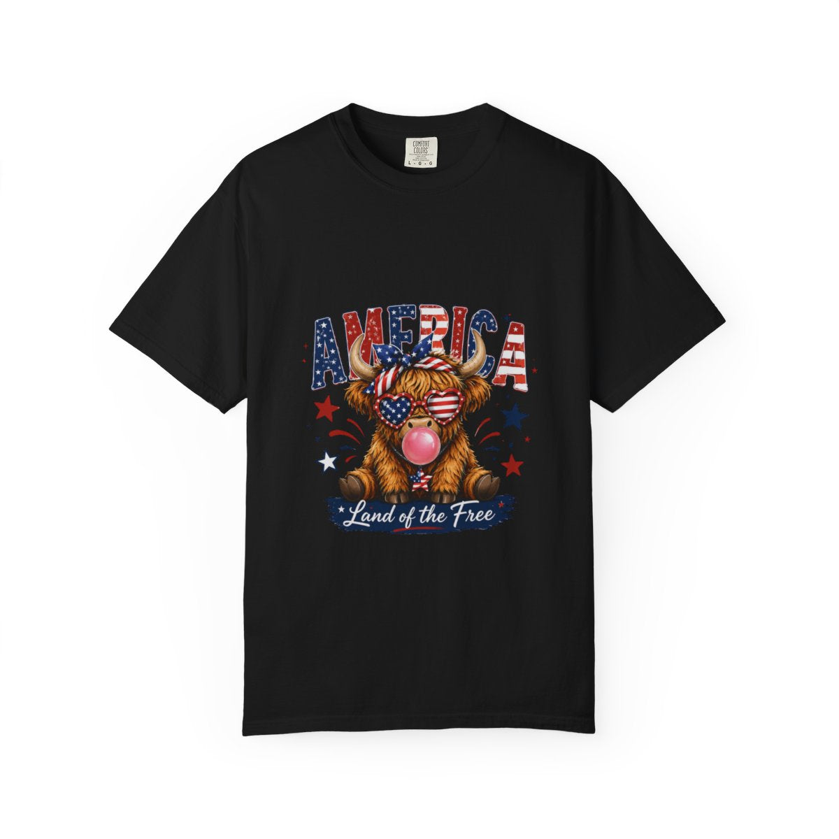 Patriotic Highland Cow Shirt, USA Flag T-Shirt, Land of the Free Tee, 4th of July Gift, Cute Bull Graphic, American Pride Shirt