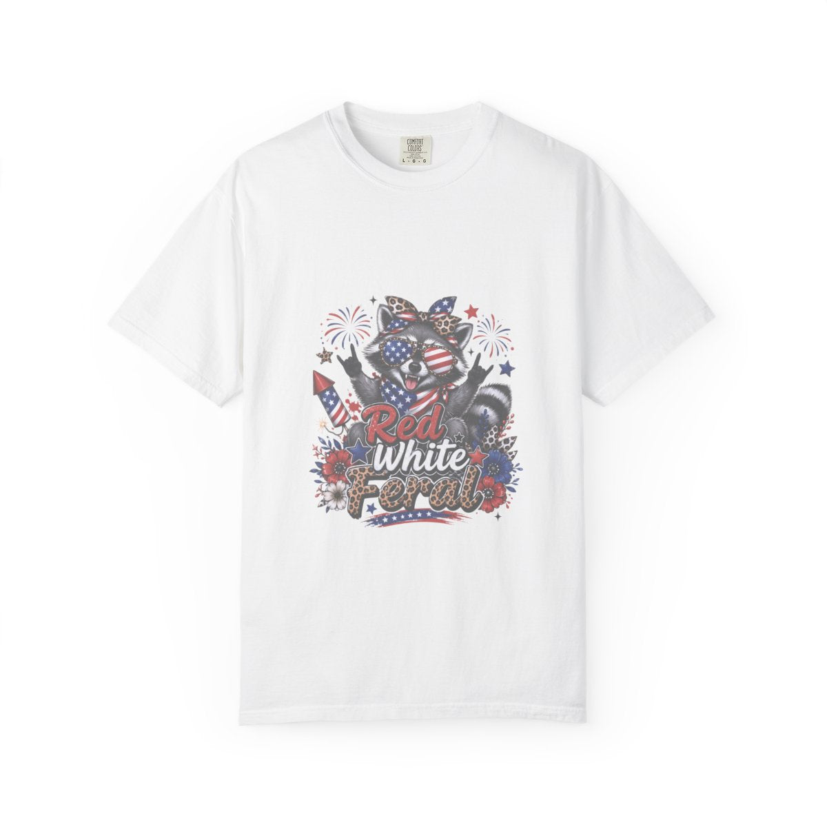 Patriotic Raccoon T-shirt, Red White Feral Graphic Tee, 4th of July Animal Shirt, Customizable Comfort Colors, USA Holiday Apparel Gift