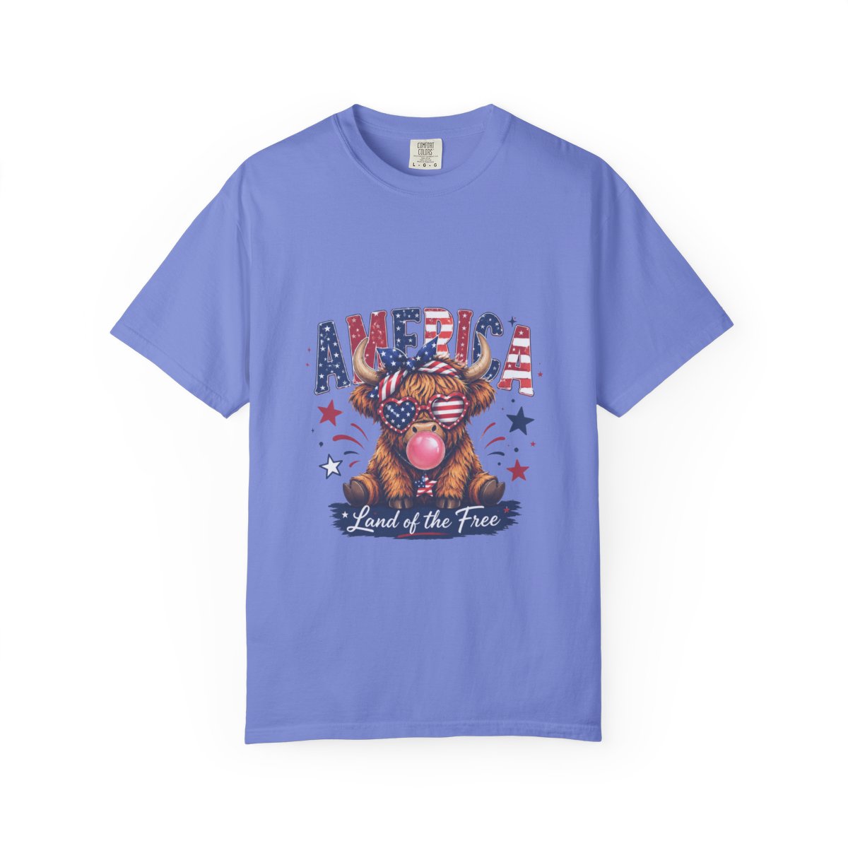 Patriotic Highland Cow Shirt, USA Flag T-Shirt, Land of the Free Tee, 4th of July Gift, Cute Bull Graphic, American Pride Shirt