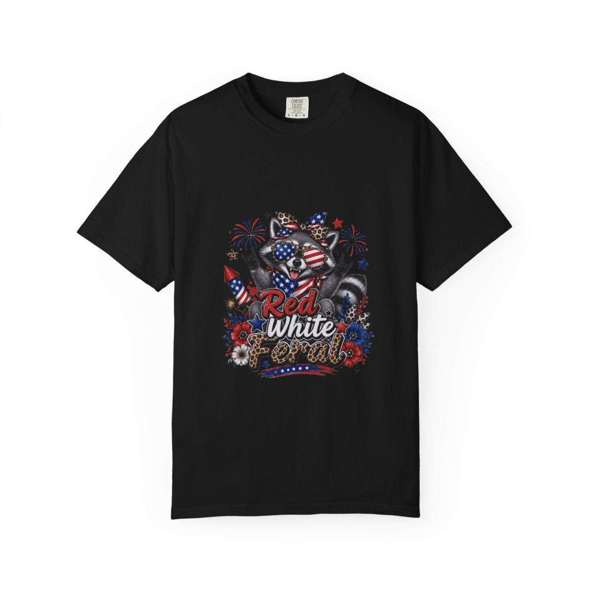 Patriotic Raccoon T-shirt, Red White Feral Graphic Tee, 4th of July Animal Shirt, Customizable Comfort Colors, USA Holiday Apparel Gift
