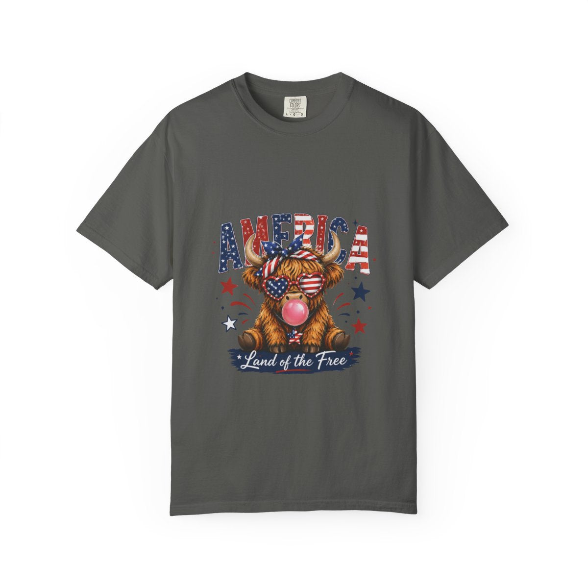 Patriotic Highland Cow Shirt, USA Flag T-Shirt, Land of the Free Tee, 4th of July Gift, Cute Bull Graphic, American Pride Shirt