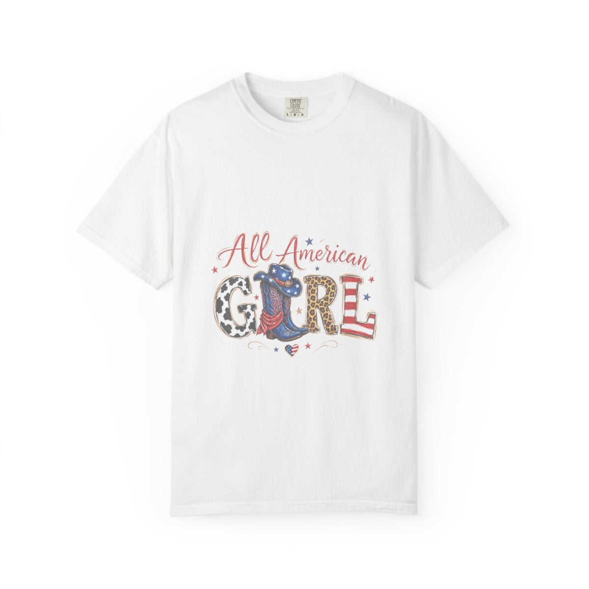 All American Girl T-Shirt, Patriotic Cowboy Boots Tee, USA Themed Gift, Cowgirl Western Style, Women's Graphic Shirt, American Flag Art