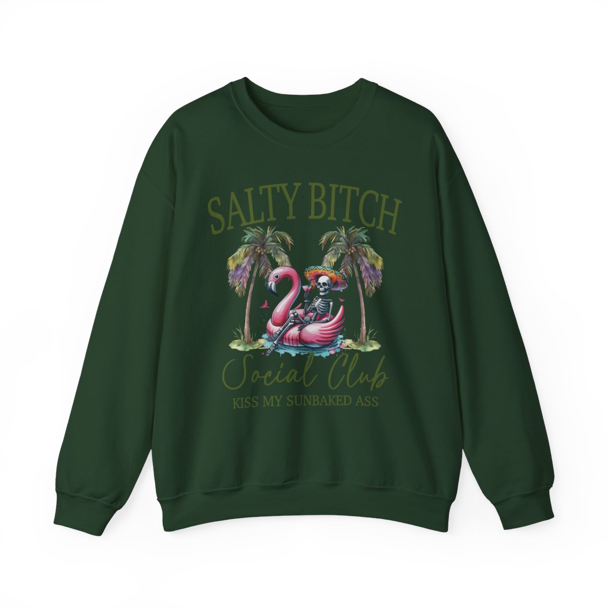 Salty **** Social Club Women’s Graphic Sweatshirt – Flamingo Palm Tree Beach Crewneck