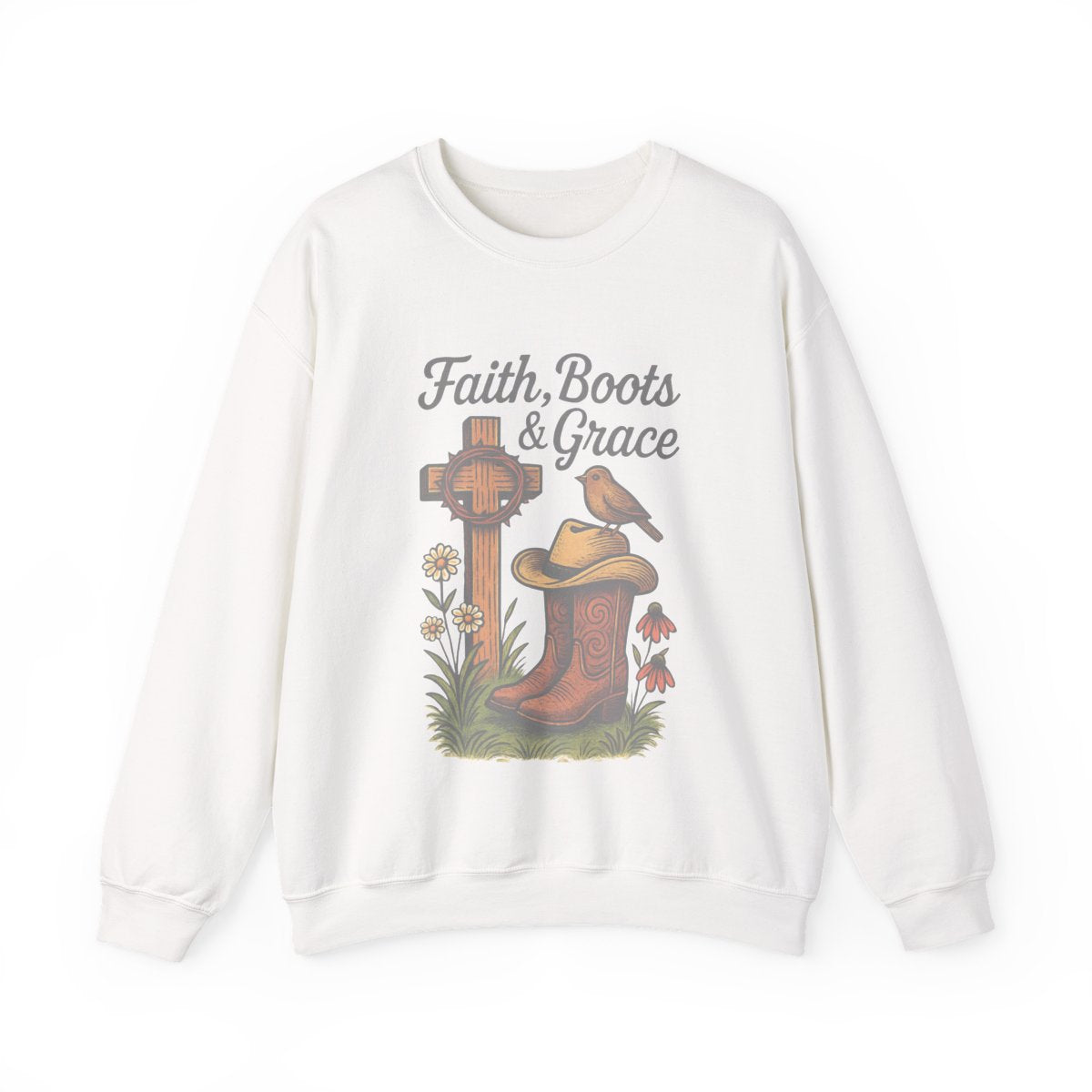 Cowboy Boots Cute Bird Artwork Sweatshirt, Western Cross Graphic Top, Vintage Style Pullover