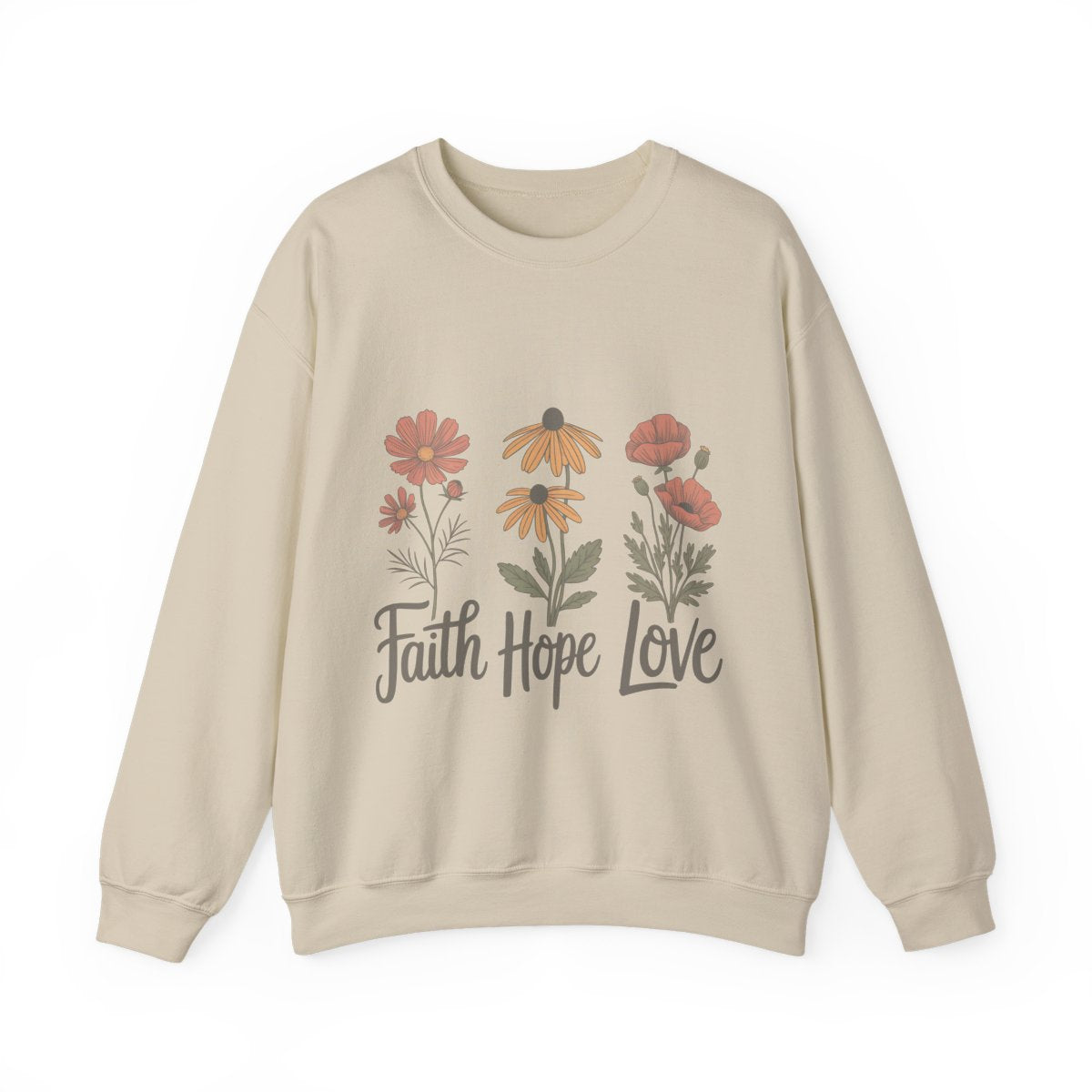 Floral Sweatshirt Gift, Faith Hope Love Design, Cozy Cotton Blend Top, Botanical Print Crewneck, Customizable Apparel, Women Men