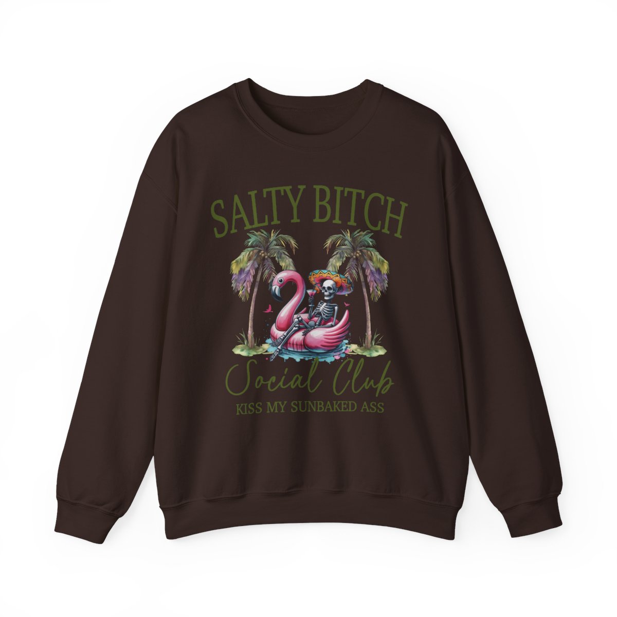 Salty **** Social Club Women’s Graphic Sweatshirt – Flamingo Palm Tree Beach Crewneck