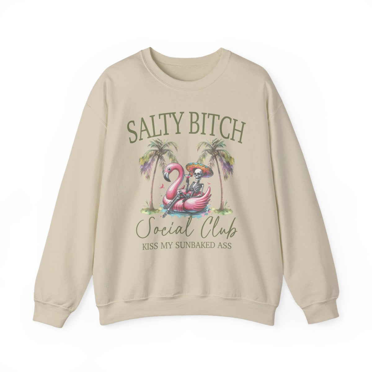 Salty **** Social Club Women’s Graphic Sweatshirt – Flamingo Palm Tree Beach Crewneck