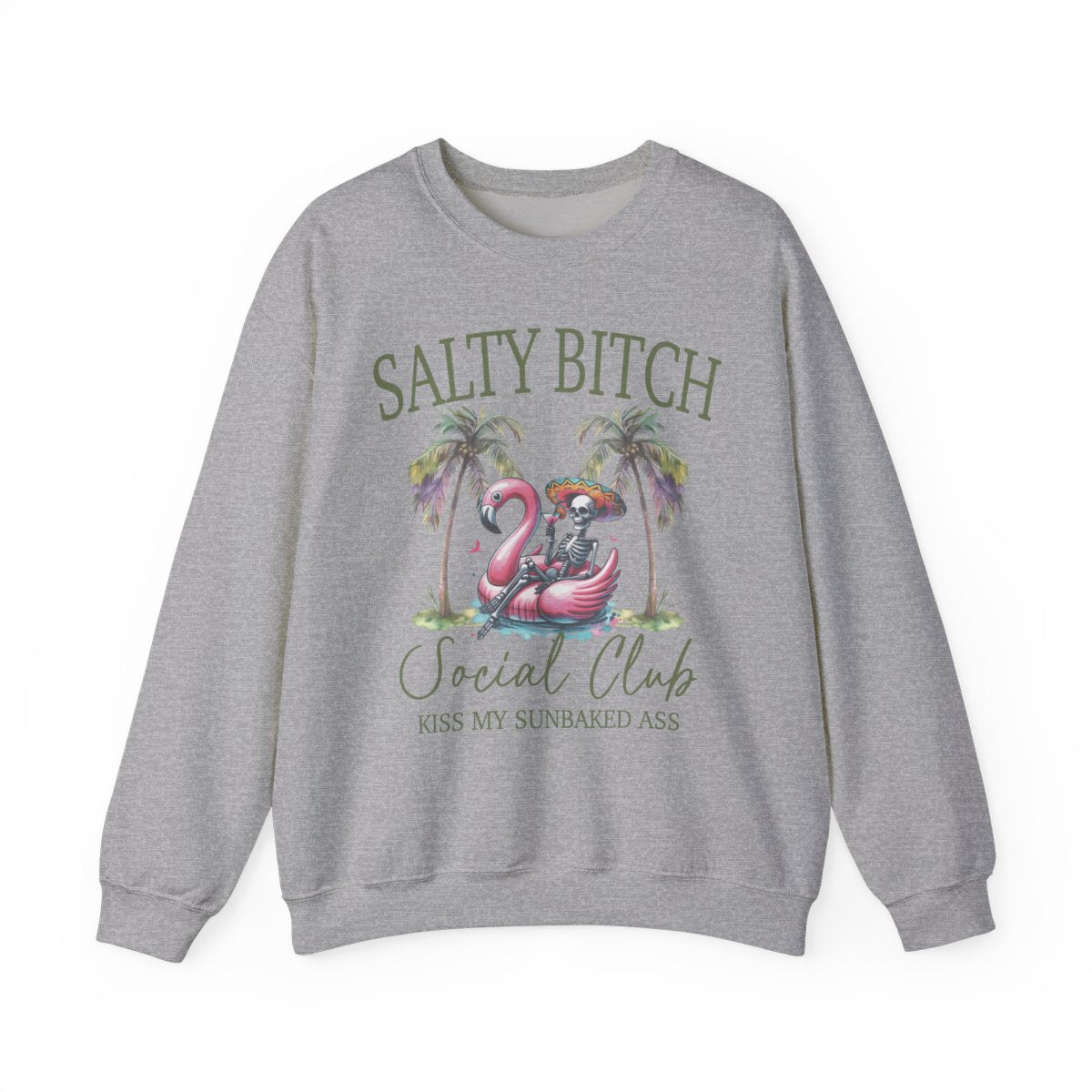 Salty **** Social Club Women’s Graphic Sweatshirt – Flamingo Palm Tree Beach Crewneck