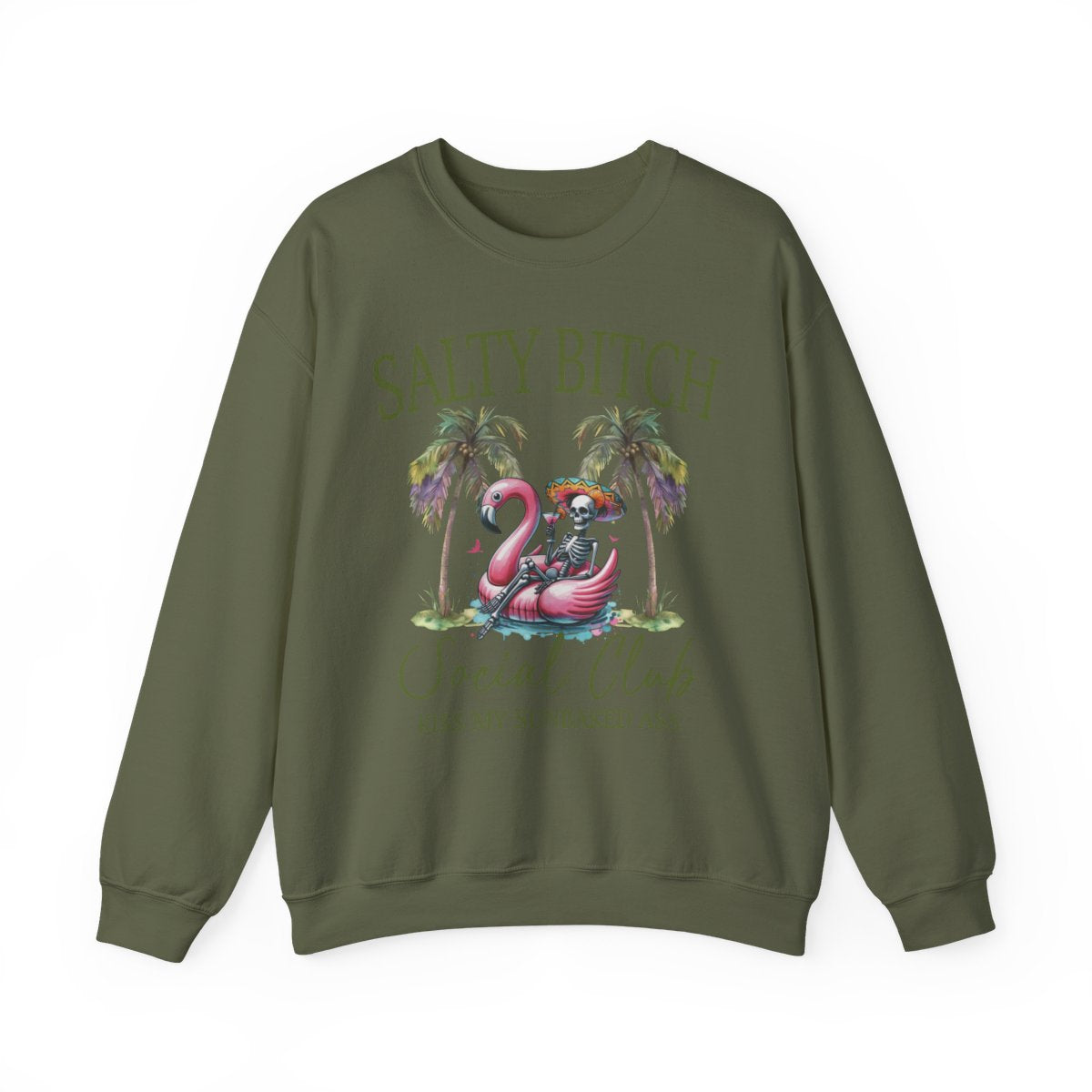 Salty **** Social Club Women’s Graphic Sweatshirt – Flamingo Palm Tree Beach Crewneck
