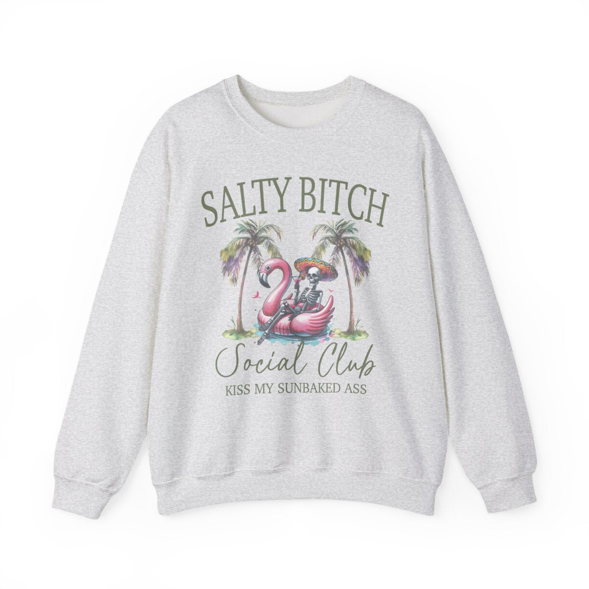 Salty **** Social Club Women’s Graphic Sweatshirt – Flamingo Palm Tree Beach Crewneck