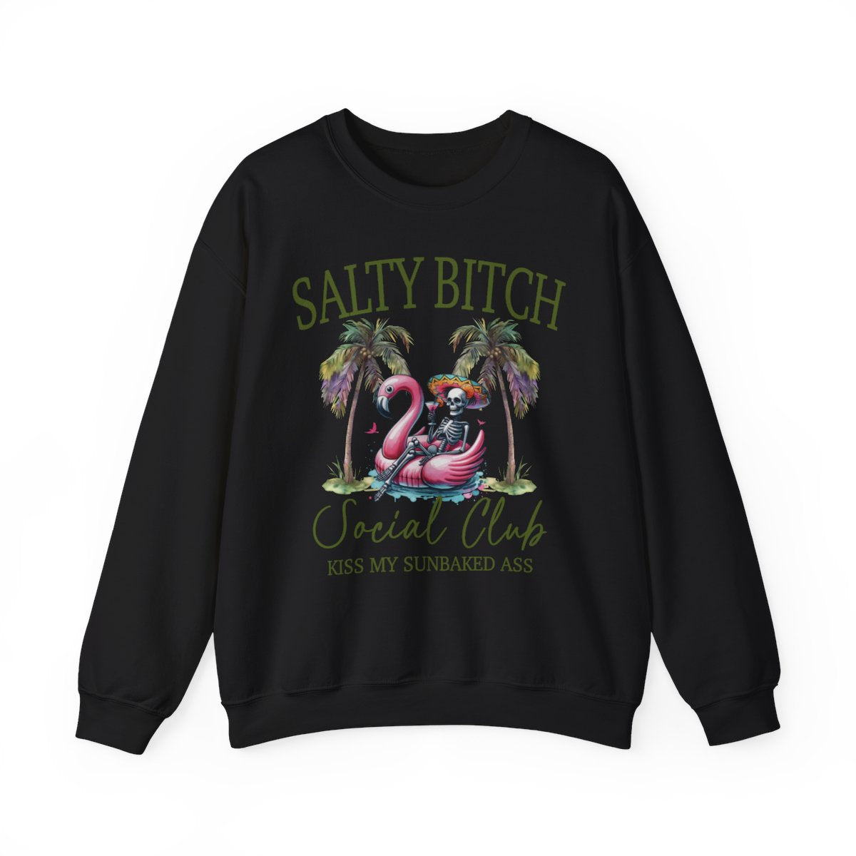 Salty **** Social Club Women’s Graphic Sweatshirt – Flamingo Palm Tree Beach Crewneck