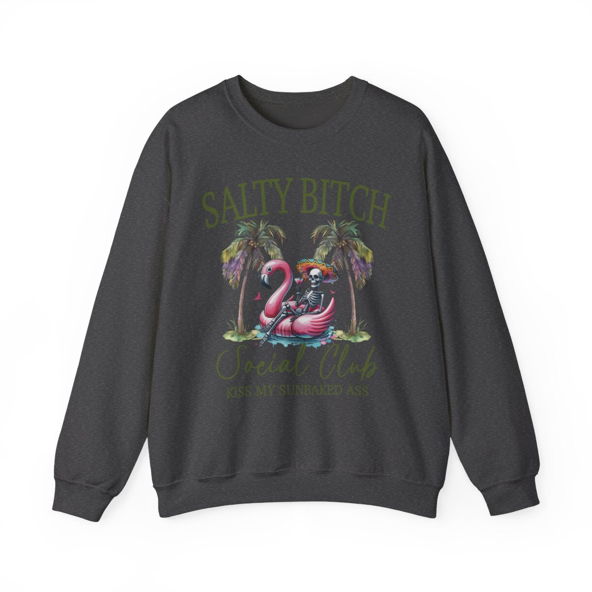 Salty **** Social Club Women’s Graphic Sweatshirt – Flamingo Palm Tree Beach Crewneck