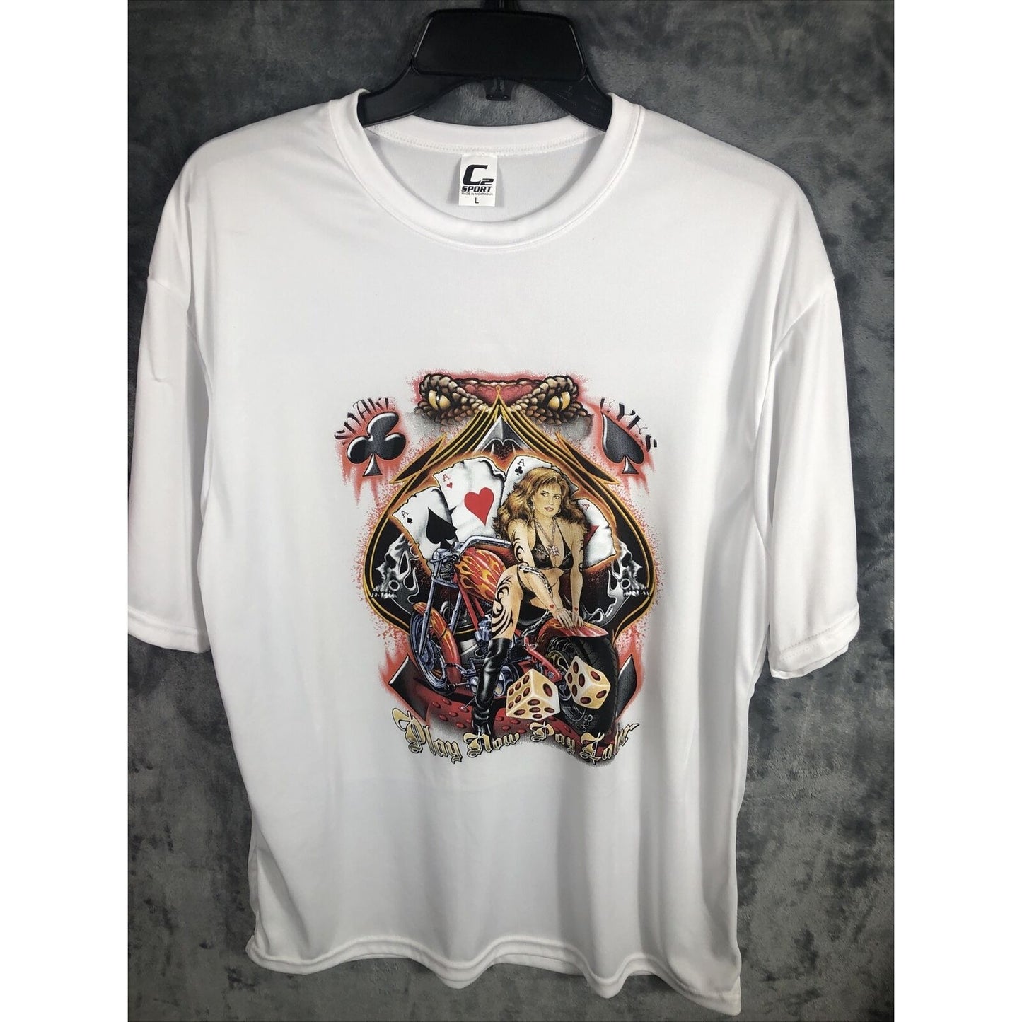 Men's T-Shirt Play Now Pay Later Bike Gambling Cards Hot Girl Shirt White Bikers