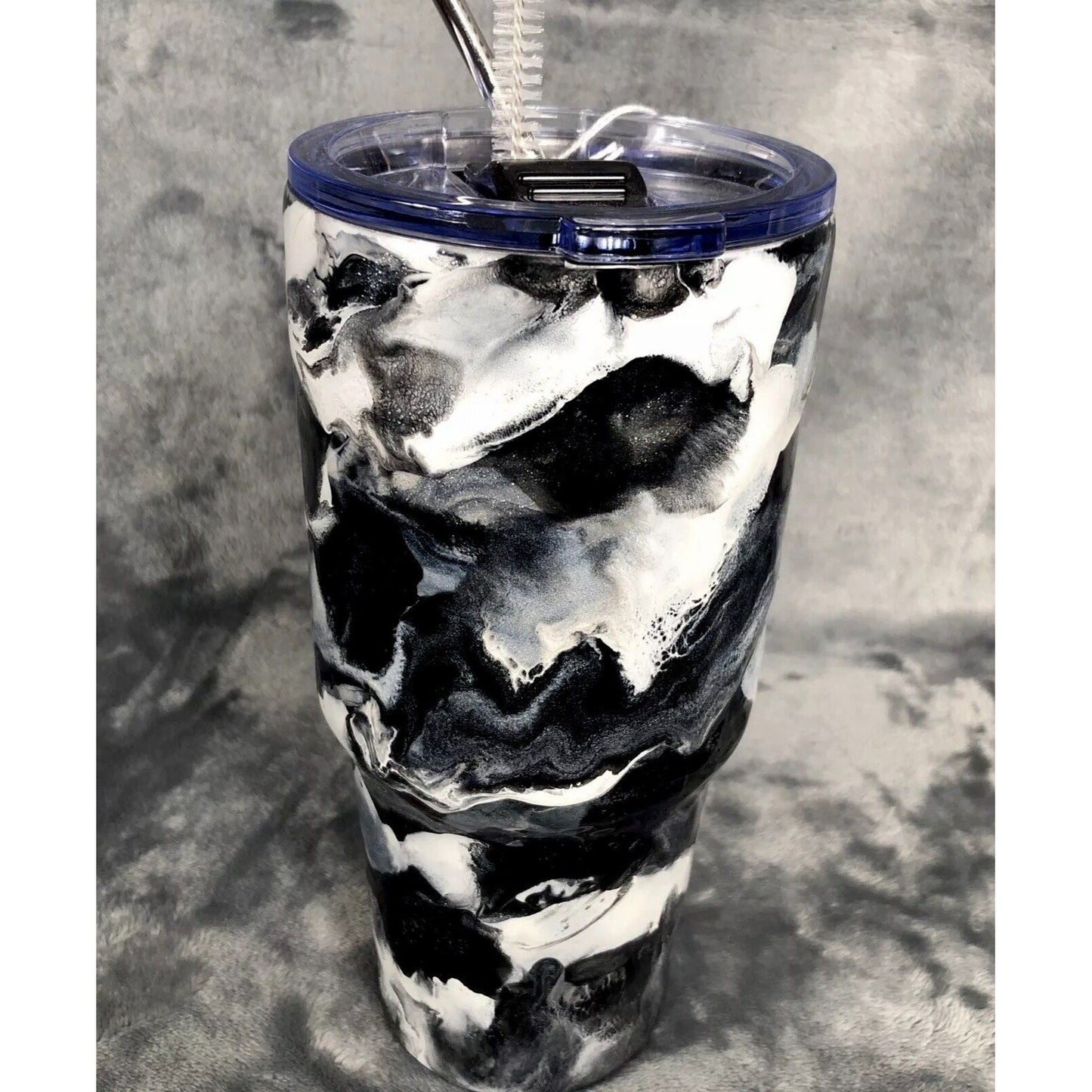 Hand-Painted Marble Tumbler 30oz Black/White Insulated Stainless Steel With Lid & Straw