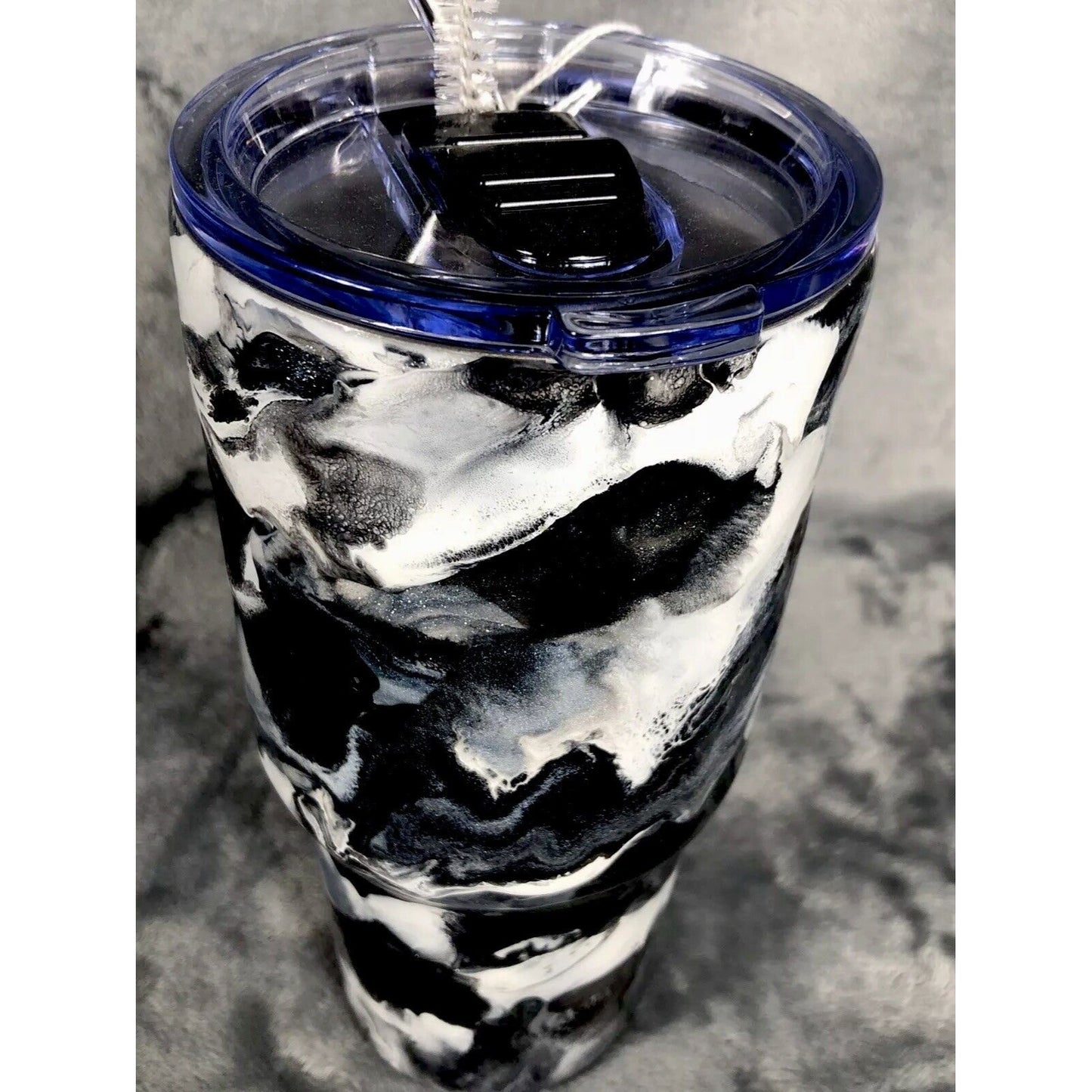 Hand-Painted Marble Tumbler 30oz Black/White Insulated Stainless Steel With Lid & Straw