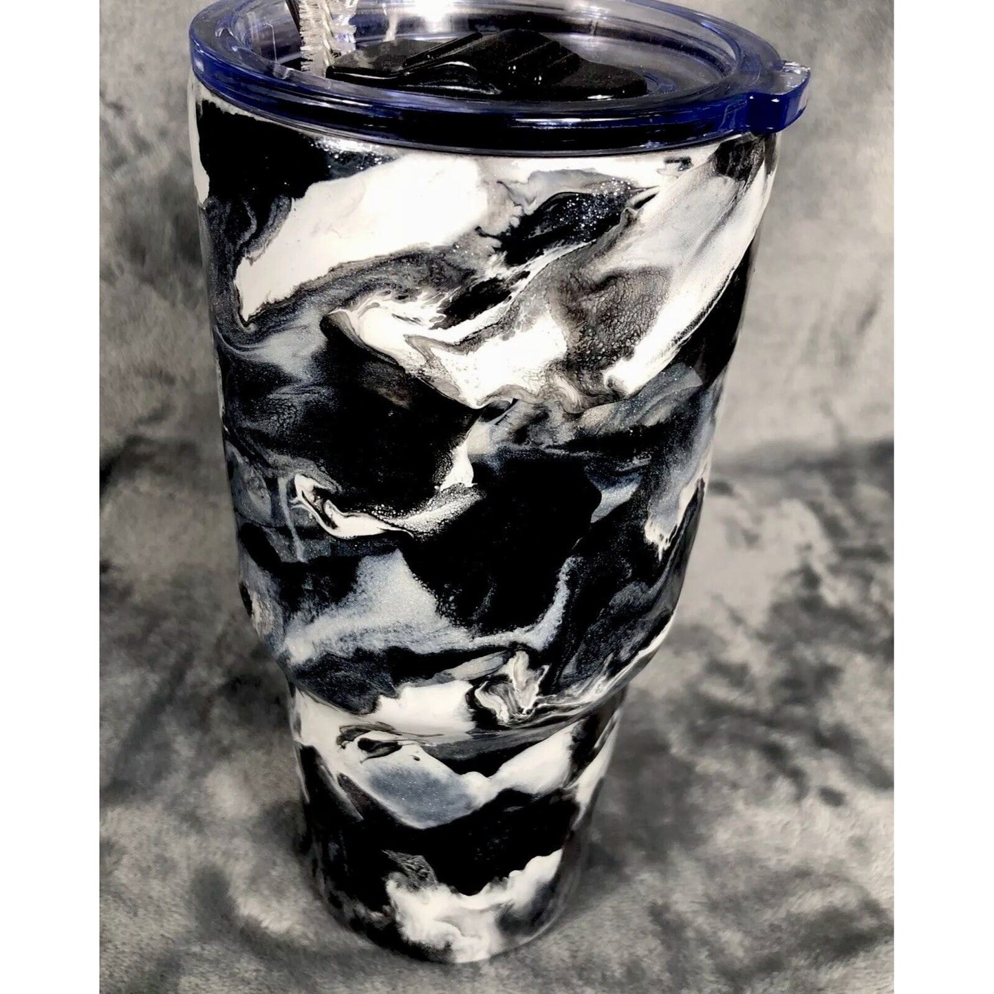 Hand-Painted Marble Tumbler 30oz Black/White Insulated Stainless Steel With Lid & Straw