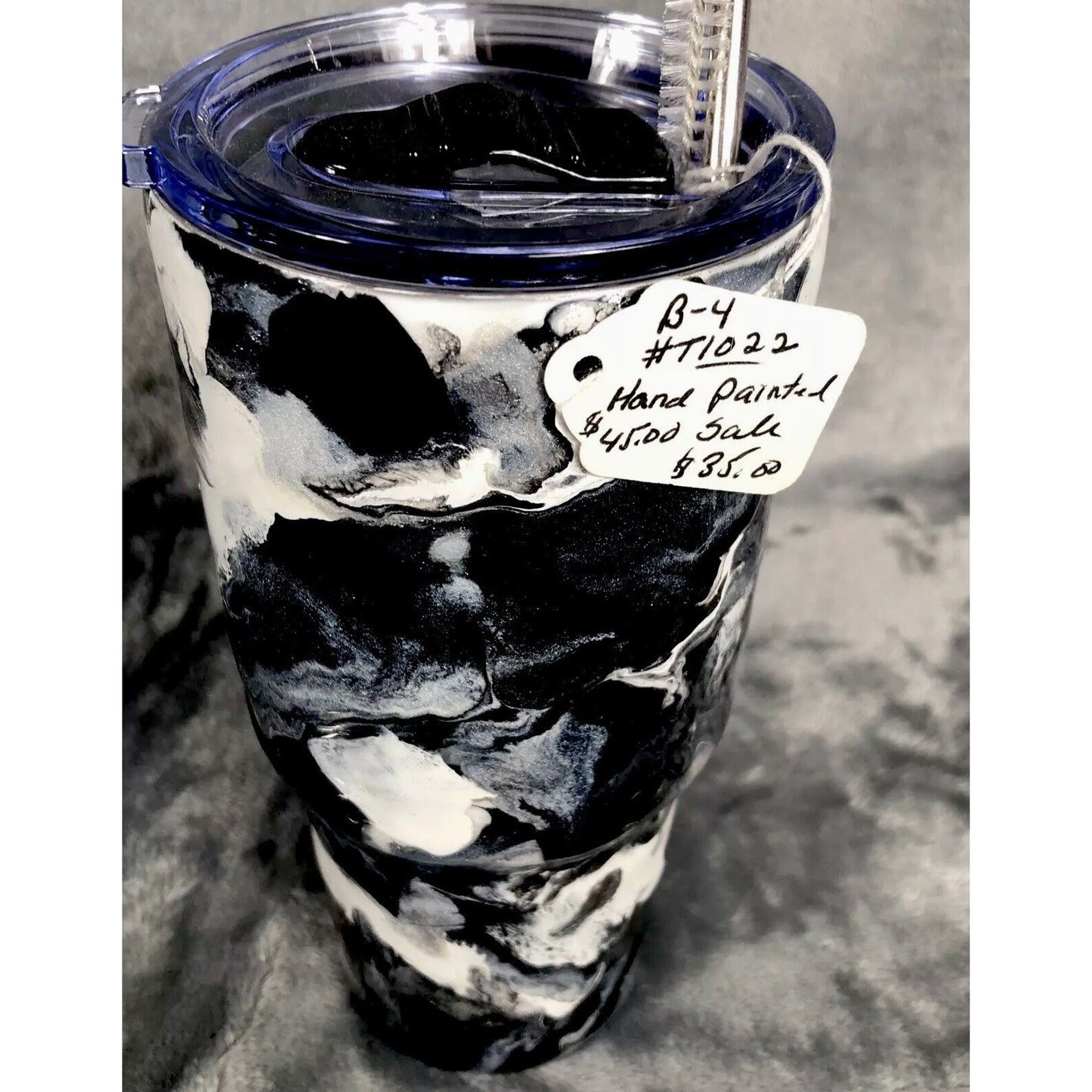 Hand-Painted Marble Tumbler 30oz Black/White Insulated Stainless Steel With Lid & Straw