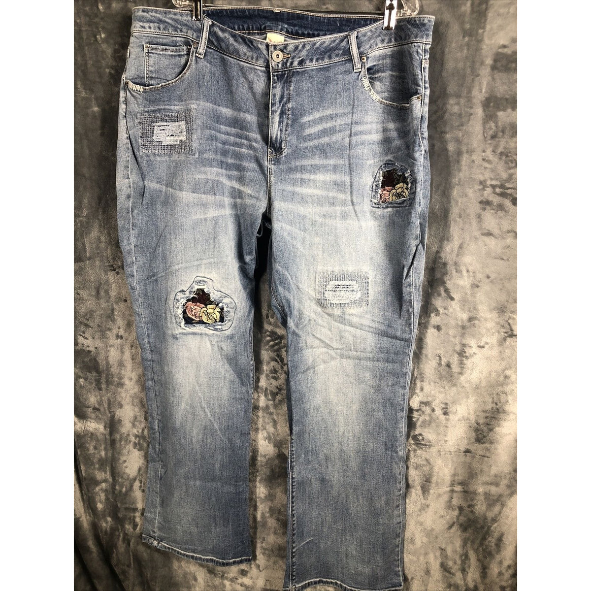 Vintage Distressed Womans Jeans Blue Denim With Floral Patchwork Size 24