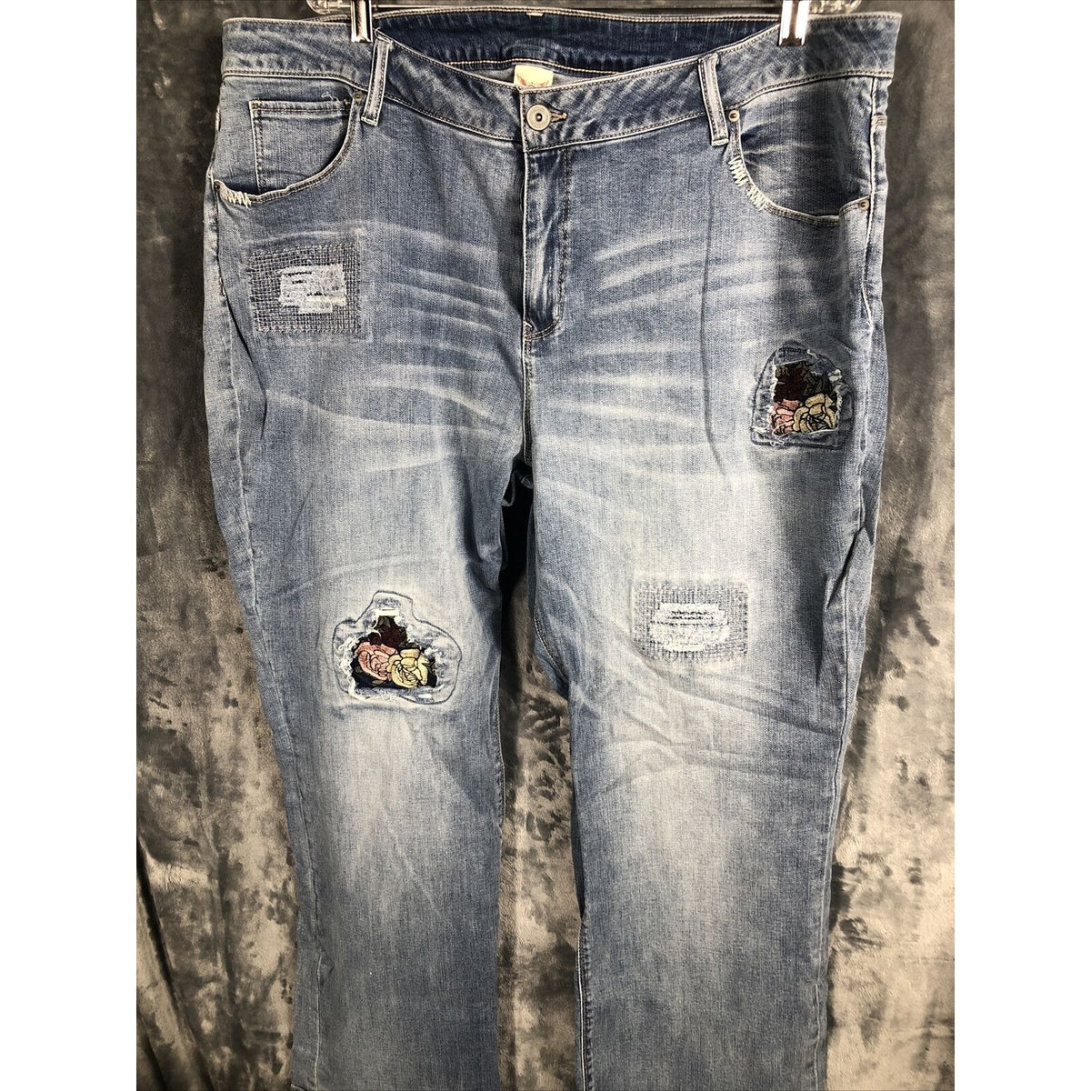 Vintage Distressed Womans Jeans Blue Denim With Floral Patchwork Size 24