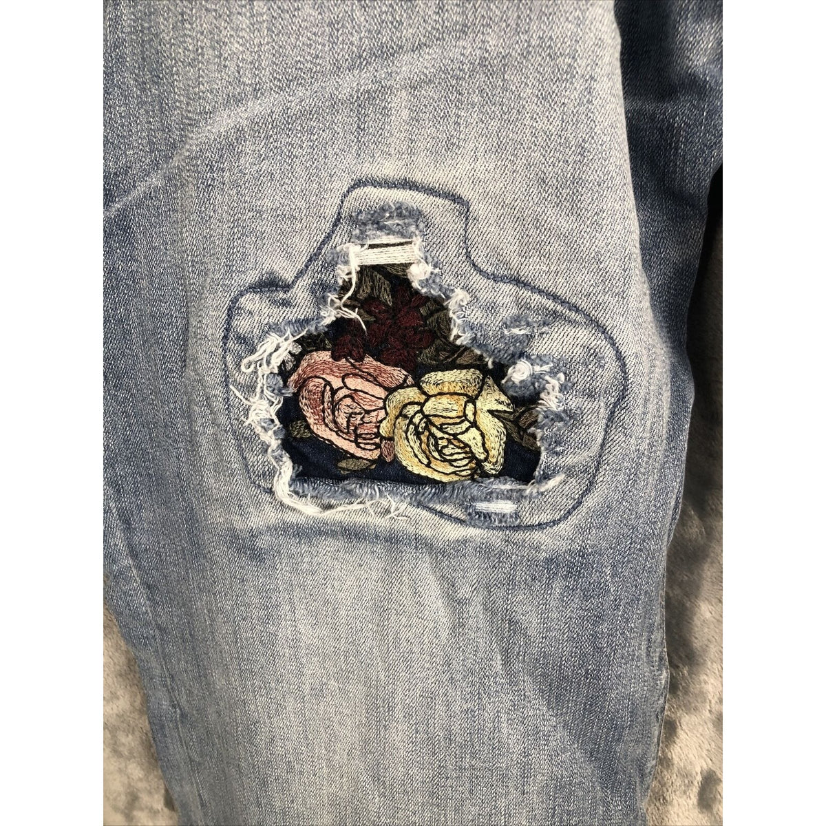 Vintage Distressed Womans Jeans Blue Denim With Floral Patchwork Size 24
