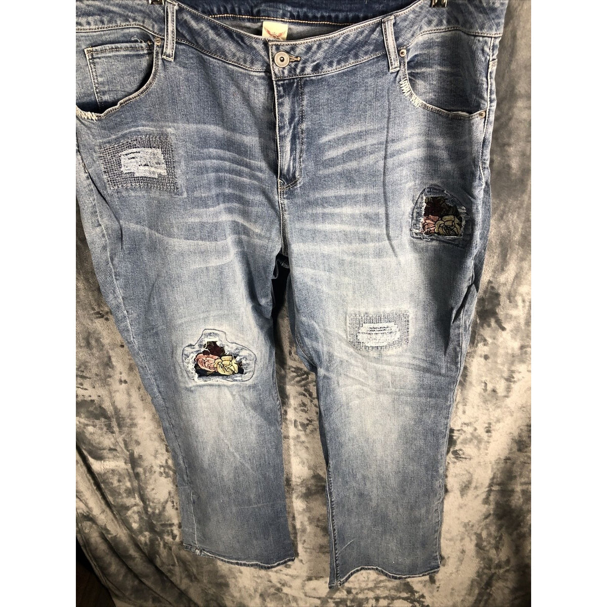 Vintage Distressed Womans Jeans Blue Denim With Floral Patchwork Size 24