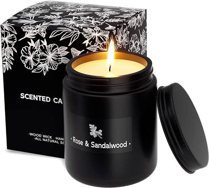 Scented Candle for Home Scented, Strong Fragranced Aromatherapy Candles - 7.6 Oz, 100% Soy Wax - Winter Candles Valentine’s Day Gift for Men & Women in Black Jar, Rose&Sandalwood