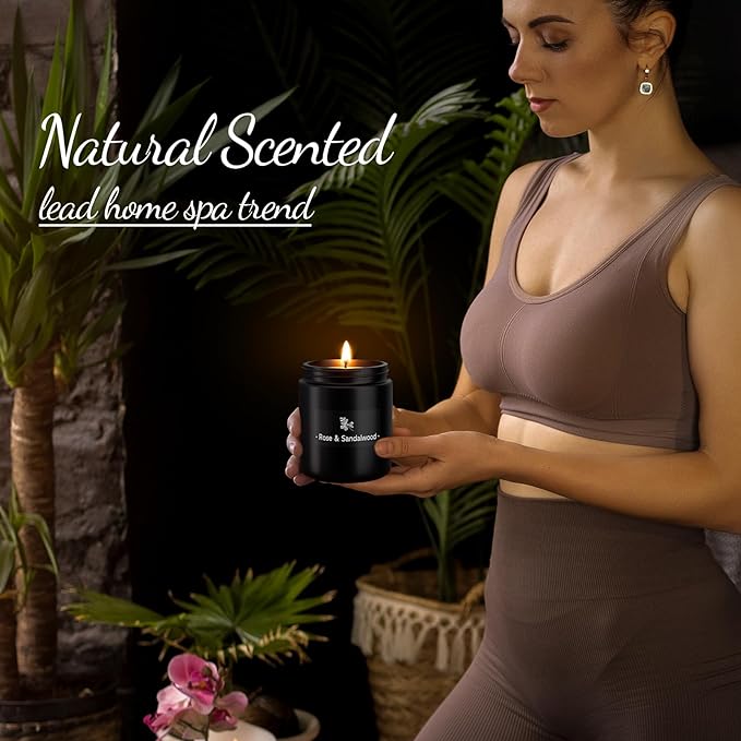 Scented Candle for Home Scented, Strong Fragranced Aromatherapy Candles - 7.6 Oz, 100% Soy Wax - Winter Candles Valentine’s Day Gift for Men & Women in Black Jar, Rose&Sandalwood